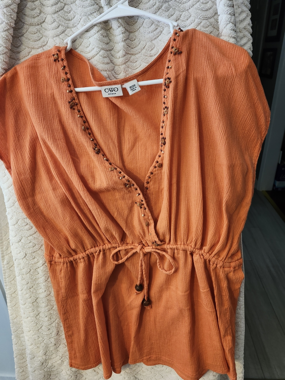 BoHo Cato Burnt Orange Embellished V-Neck Drawstring Blouse